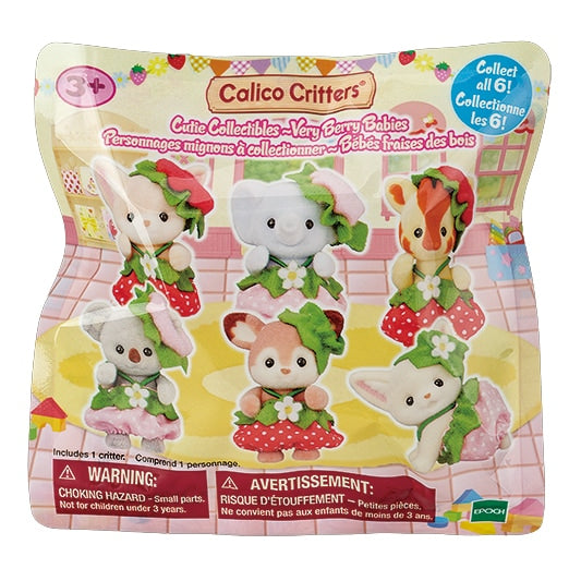 Front of the Calico Critters Very Berry Babies blind bag featuring illustrations of all six collectible baby animal figures in strawberry costumes, with colorful strawberry decorations and a Collect All 6 badge.