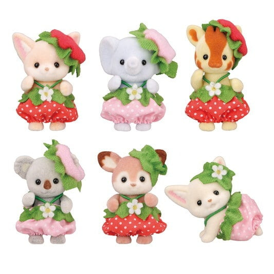 Six Calico Critters Very Berry Babies figures wearing red and pink strawberry-themed outfits with green leafy hats and white flower decorations, arranged in two rows against a white background.