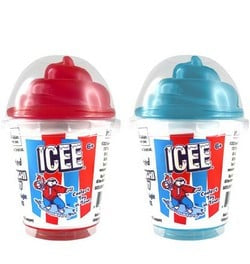 Red and blue ICEE cup-shaped squishies in branded packaging with clear dome lids, displayed side by side.
