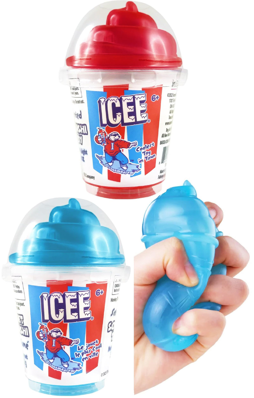 Collage showing packaged red and blue ICEE cup-shaped squishies with clear dome lids, alongside a hand squeezing the blue toy.