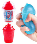 Collage showing a red ICEE cup-shaped squishy in and out of its packaging beside a hand squeezing a blue ICEE squishy.