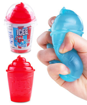 Collage showing a red ICEE cup-shaped squishy in and out of its packaging beside a hand squeezing a blue ICEE squishy.