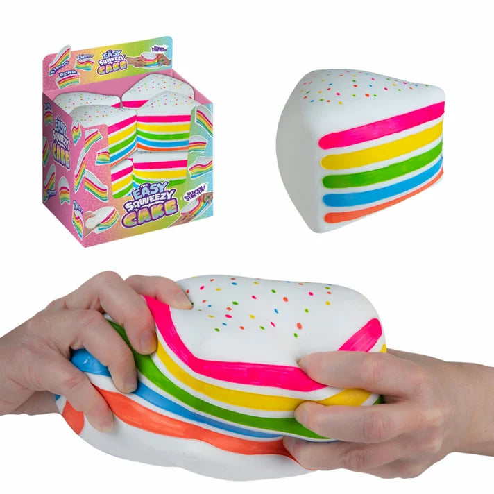 Product collage showing a rainbow cake-slice squishy, its Easy Sqweezy box and two hands squeezing the colorful layers.